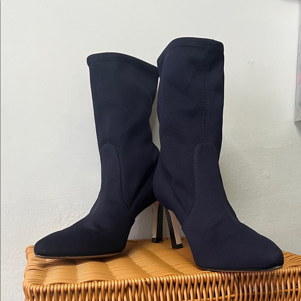Stuart Weitzman Navy Stretch Sock / Knit Heeled Boots - Picture 3 of 6
